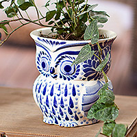 Ceramic flower pot, 'Blue Wind' - Blue and White Ceramic Owl Flower Pot from Mexico