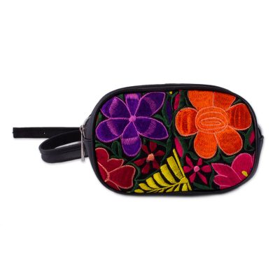 Cotton accent leather waist bag, 'Fascinating Floral' - Floral Embroidered Leather Waist Bag from Mexico