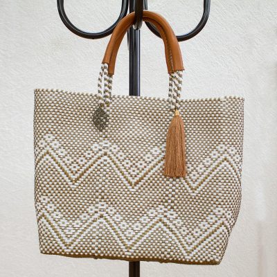 Leather accented plastic tote, 'Golden Zigzags' - White and Gold-Tone Leather Accented Plastic Tote