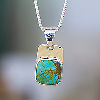 Turquoise pendant necklace, 'Watery Gleam' - Square Natural Turquoise Pendant Necklace from Mexico