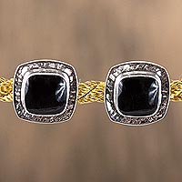 Obsidian button earrings, 'Watery Reflection' - Square Obsidian Button Earrings from Mexico