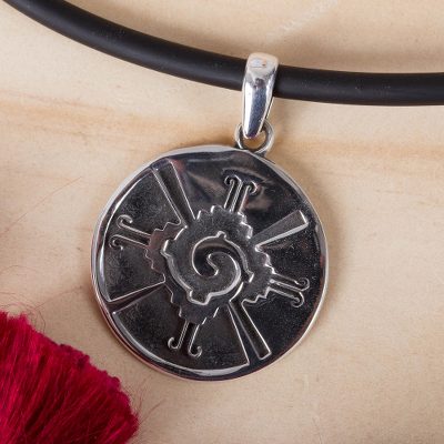 Mens sterling silver pendant necklace, Round Hunab Ku