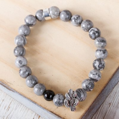 Agate beaded stretch bracelet, Succulent Cactus