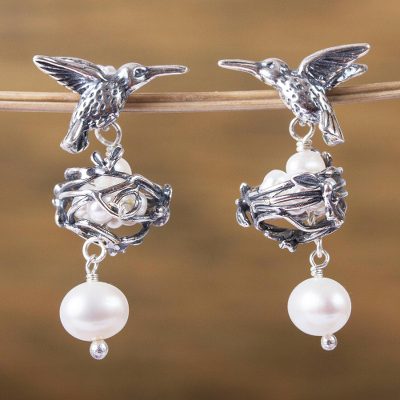 Cultured pearl dangle earrings, 'Hummingbird Mamas' - Cultured Pearl Hummingbird Dangle Earrings from Mexico