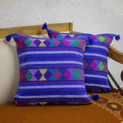 Cotton cushion covers, Diamonds on Blue (pair)