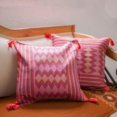 Cotton cushion covers, Vermilion Maya Geometry (pair)