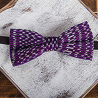 Cotton bow tie, 'Aubergine Charm' - Handwoven Cotton Bow Tie with Aubergine Stripes from Mexico