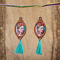Wood dangle earrings, 'Brilliant Frida' - Handcrafted Frida Kahlo Wood Dangle Earrings Aqua Tassels