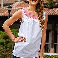 Sleeveless cotton blouse, 'Flame Delight' - White and Flame Embroidered Cotton Blouse from Mexico