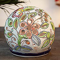 Ceramic tealight lantern, 'Floral Sphere' - Floral Talavera-Style Ceramic Tealight Lantern from Mexico