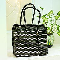 Handwoven tote, 'Perfect Stripes' - Handwoven Black and White Striped Tote from Mexico