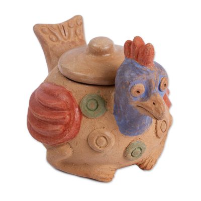 Ceramic jar, 'Colorful Hen' - Rustic Ceramic Hen Jar Crafted in Mexico