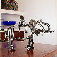 Recycled metal auto part sculpture, 'The Elephant Rider' - Elephant-Themed Recycled Metal Auto Part Sculpture