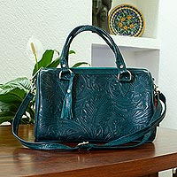 Leather handbag, 'Pine Green Garden' - Floral and Leaf Pattern Leather Handbag in Pine Green