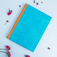 Leather accented recycled paper journal, 'Eco Turquoise' - Leather Accented Recycled Paper Journal in Turquoise