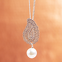 Cultured pearl pendant necklace, 'Glowing Paisley' - Cultured Pearl Paisley Pendant Necklace from Mexico