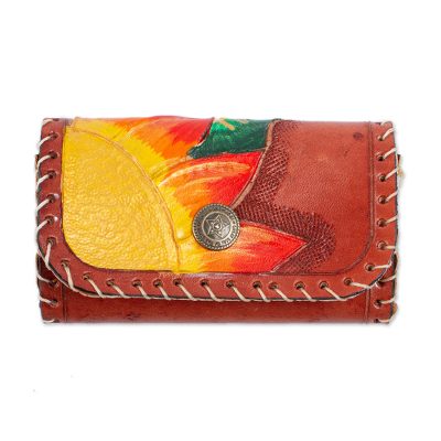 Leather coin purse, 'Burnt Orange Bouquet' - Floral Leather Coin Purse in Burnt Orange from Mexico