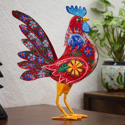 Metal sculpture, 'Sassy Red Rooster' - Hand Painted Sheet Metal Rooster Sculpture