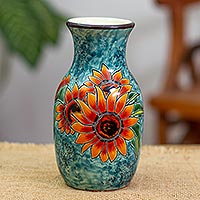 Ceramic vase, 'Sunflower Brilliance' - Unique Hand Painted Sunflower Themed Vase