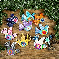 Aluminum decorative garland, 'Festive Doves' - Handcrafted Hand Painted Garland of Floral Mexican Birds