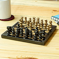 Marble and onyx mini chess set, 'Coffee and Mocha' - Onyx and Marble Mini Chess Set Handcrafted in Mexico