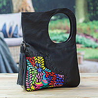 Cotton accent leather handle handbag, 'Hummingbird Garden' - Embroidered Hummingbird Black Leather Handle Handbag