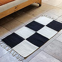 Wool area rug, 'Block Party' - Black and Natural Blocks Wool Area Rug