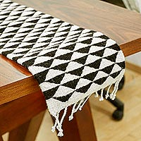 Wool table runner, 'Mountains of Teotitlán' (39 inch) - Black and Ecru Triangle Motif Table Runner (39 Inch)