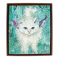 'Dreamy Cat II' - Original Signed Framed Cat Painting from Mexico