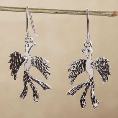 Sterling silver dangle earrings, 'Romance of the Birds' - Taxco Sterling Silver Romancing Bird Earrings