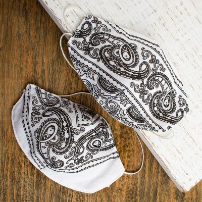 Cotton and polyester face masks, 'White Bandana' (pair) - 2 Double Layer White & Black Bandana Print Face Masks