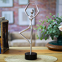 Aluminum and marble sculpture, 'Ballerina Balance in Black' - Artisan Crafted Cast Aluminum Dancer Statuette