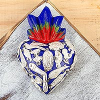Wood wall art, 'Miraculous Blue Heart' - Blue Sacred Heart Wood Wall Sculpture with Milagros