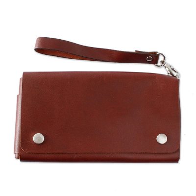 Leather cell phone case, 'Seamless in Russet' (7.5 inch) - Russet Leather Cell Phone Case with Key Ring and Strap