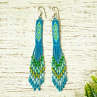 Glass beaded waterfall earrings, 'Blue Diamond Talisman' - Handcrafted Peacock Blue Beadwork Huichol Waterfall Earrings