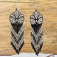 Glass beaded waterfall earrings, 'White Huichol Blossom' - Huichol Beadwork Floral Earrings in Black-White-Grey