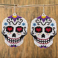 Glass beaded dangle earrings, 'White Skeleton' - Beadwork Day of the Dead White Skull Huichol Earrings