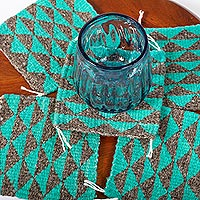 Wool coasters, 'Zapotec Diamond in Sea Green' (set of 6) - Green and Grey Hand Woven Wool Coasters (Set of 6)