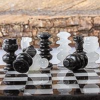 Marble chess pieces, 'Black and White Challenge' - Petite Mexican Black Obsidian-White Marble Chess Pieces Set