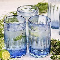 Hand blown glass tumblers, 'Fiesta Azul' (set of 6) - Fluted Blue Hand Blown Tumbler Glasses (Set of 6)