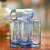 Hand blown shot glasses, 'Denim Blue' (set of 6) - Blue Blown Glass Shot Glasses from Mexico (Set of 6)
