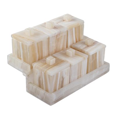 Onyx spice jar set, 'Spice it Up' (13 pieces) - Set of 6 Onyx Spice Jars with Lids and Tiered Base