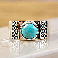Turquoise cocktail ring, 'Elegant Fretwork' - Natural Turquoise and 950 Silver Cocktail Ring