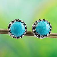 Turquoise stud earrings, 'Elegant Fretwork' - Natural Turquoise and Taxco Silver Stud Earrings
