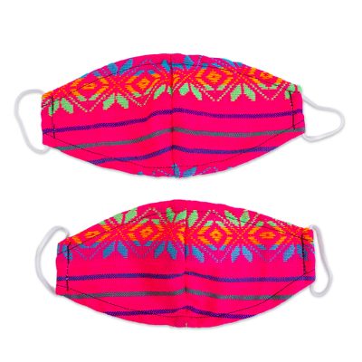 Embroidered face masks, 'Fuchsia Fiesta' (pair) - 2 Fuchsia Embroidered Cambaya Cloth Lined Face Masks