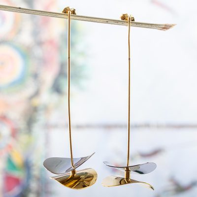 Gold and rhodium plated drop earrings, 'Curved Planes' - Artisan Designed Gold and Rhodium Plated Earrings
