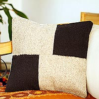 Wool cushion cover, 'Oaxacan Blocks' - Black and Pale Taupe Colorblock Wool Cushion Cover