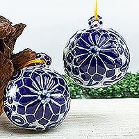 Ceramic ornaments, 'Talavera Poinsettia' (pair) - Floral Talavera Style Christmas Ornaments in Blue (Pair)