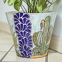 Ceramic planter, 'Puebla Flora' - Hand Painted Cactus Motif Ceramic Planter from Puebla