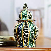 Decorative ceramic jar, 'Moorish Ferns' - Multicolor Moorish Fern Motif Talavera Style Ginger Jar